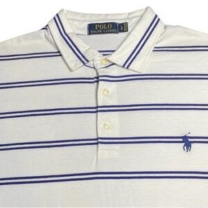 Men's Polo Ralph Lauren Pima Cotton Striped Polo Shirt White Blue Pony Size L